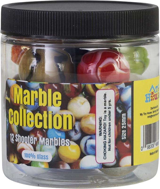 Shooter Glass Marbles with Marble Jar For Storage, Set of 12, 1-inch, Assorted Colors