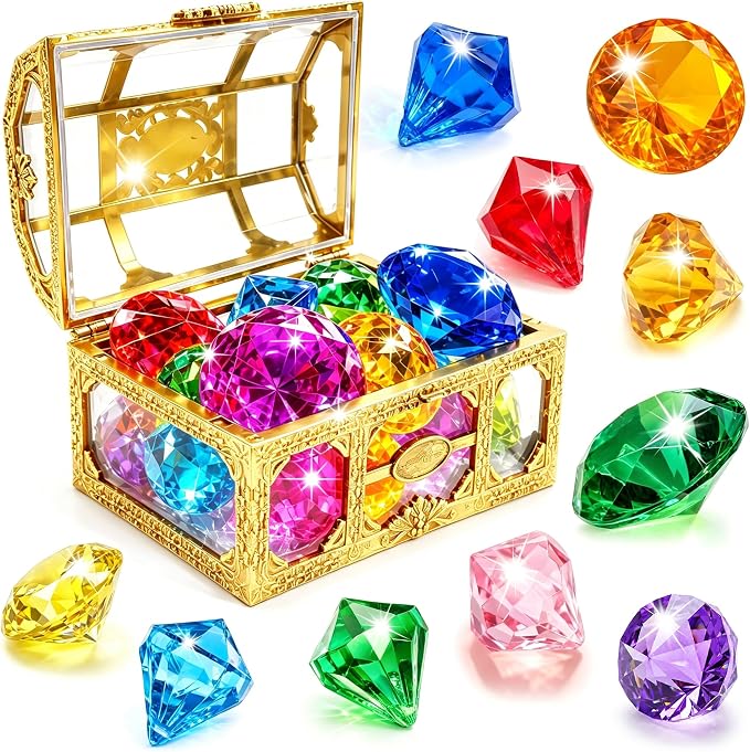 Swim Diving Games Pool Toys 17PCS Big Colorful Diamond Toy with Treasure Box Chest Summer Underwater Gemstone Outdoor Water Accessories for Kid Age 5 6 7 8 9 10 11 12 Year Old Girl Boy Stuff Fun Gift
