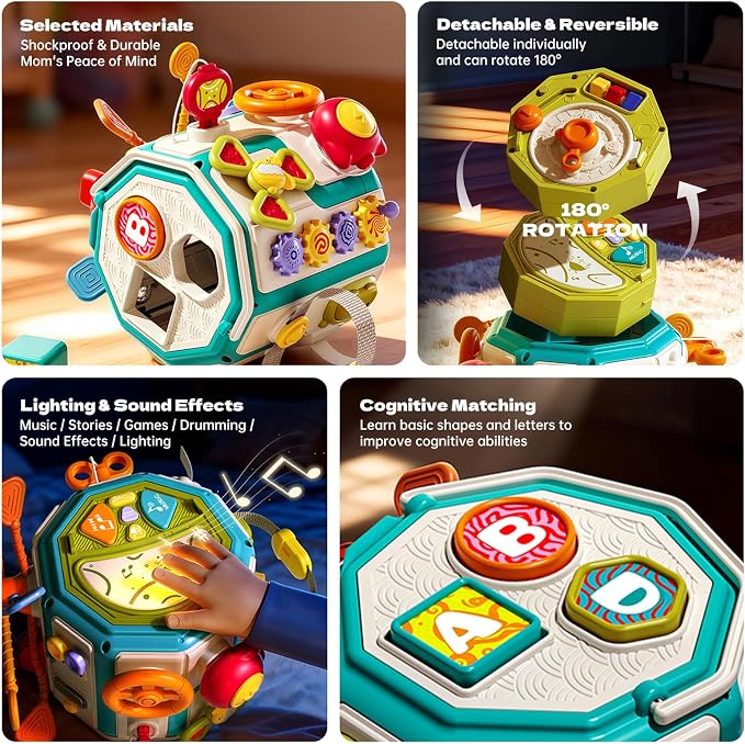 ZIYOSTAR 20-in-1 Busy Board Activity Cube, Educational Sensory Learning Toy for 1 2 3 Year Old Toddlers, Developmental Fine Motor Skills, Shape Sorter & Music Toys Gift for Boys Girls 1-3 Years Old