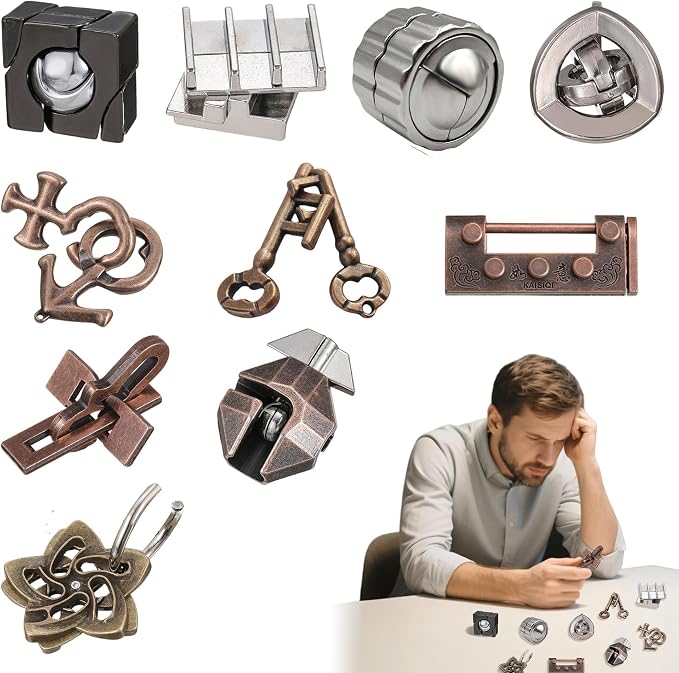 10 Pcs Metal Brain Teaser Puzzles Assortment Adults Difficult Magic Puzzles for Classroom Mind Challenge Educational,Highly Hard Brain Games IQ Logic Test, 3D Highly Difficult Adult Puzzles（10 Models）