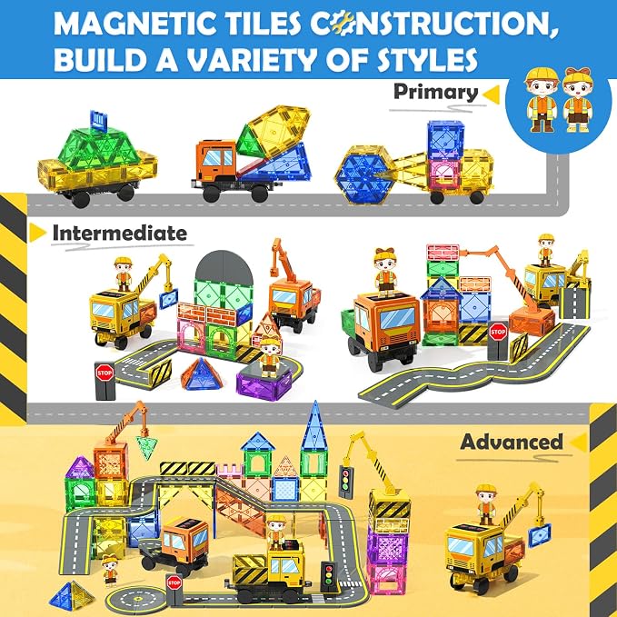 Soyee 102 PCS Magnetic Tiles with 2 Cars & 2 Cranes Magnet Construction Building Kids Toys for Creative Play and STEM Learning Boys Toys & Gifts for 3-12