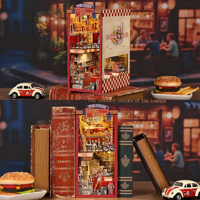 fifijoy Book Nook Kit - DIY Miniature House Kit for Adults, Retro 1950s Diner Tiny House Building Kit with LED, Dollhouse Kit Bookshelf Insert Decor Gifts of Family and Friends (1950s Diner)