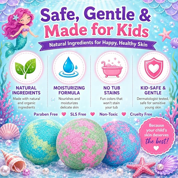 Bath Bombs for Kids with Surprise Inside, Mermaid Bath Bombs for Girls with Jewelry & Jewelry Box for Kids Organic, Skin Moisturizing, Natural Bubble, Birthday Gifts for Boys, Girls