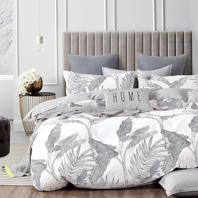 LEMIROE Botanical Cotton Comforter Queen Size - White Comforter with Delicate Black Leaves Patterns,Grey Reversible Lightweight Bedding Sets 3Pcs(Stripes)