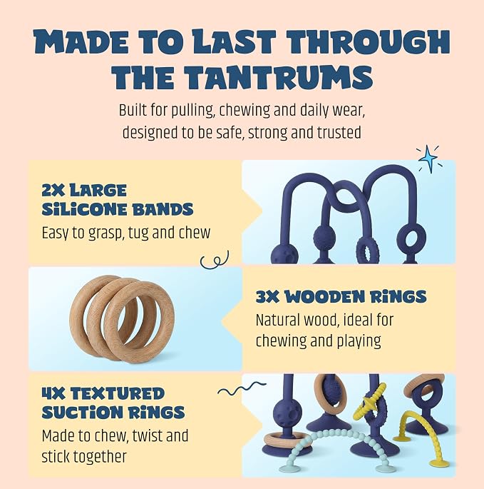 Jumble Jangle Baby Teething Toys – BPA-Free, Multi Purpose High Chair Toys & Sensory Toys for Kids with Autism: Suction Teething Relief with Sensory Toy Textures for Infants & Toddlers (Dark)