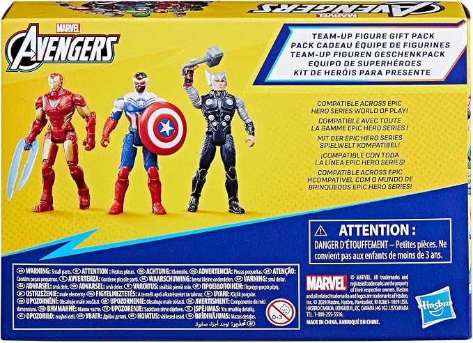 Marvel Avengers Epic Hero Series Team-Up Gift Pack, 4-Inch-Scale (10cm) Captain America, Thor, Iron Man Action Figures, Toys for Kids Ages 4 and Up (Amazon Exclusive)