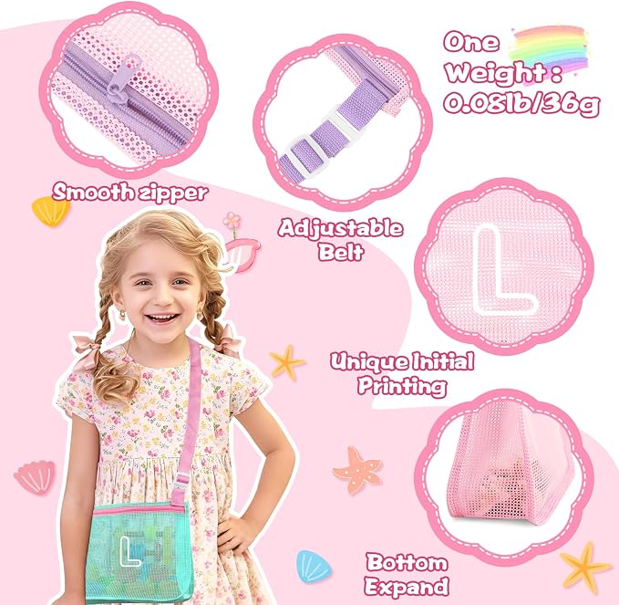 3Pcs Personalized Kids Beach Shell Bag, Initial Seashell Mesh Zipper Beach Pouch, Shell Collecting Bag for Holding Shells with Adjustable Straps, Sand Toys Swim Pouch Gift for Girl Boy Teens(Letter L)