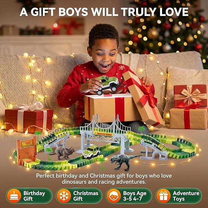 Dinosaur Race Track Toys for Boys 3-5, Flexible Bridge Car Track Set with 2 Toy Cars & Dinosaur Figures, Adventure Race Track Playset for Boys Age 4-7 Birthday Gifts