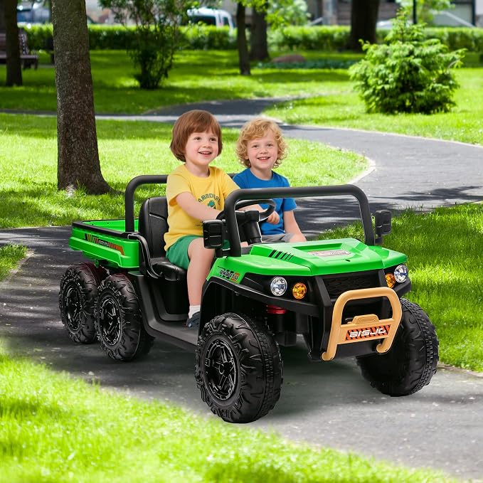 Hetoy 2 Seater Ride on Dump Truck, 24V Electric Vehicle Toys for Kids with Remote Control, Ride on Car with Electric Dump Bed, Toy Shovel, Music, LED Headlights & Spring Suspension- Ages 3+ (Green)