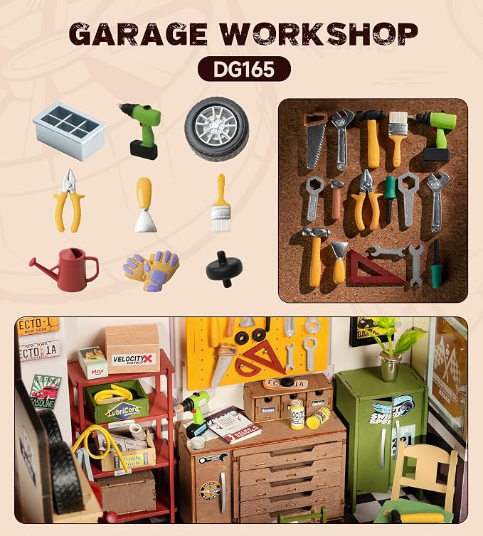 Rowood Miniature House Kit,DIY Miniature Dollhouse Craft Kits for Adults,Mini House Kits with LED,Birthday for Ages 14+(Garage Workshop)