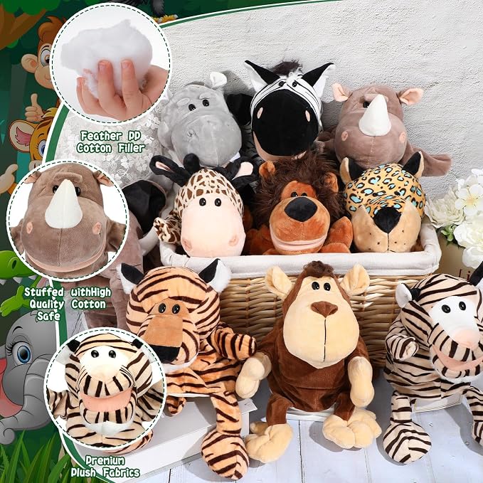 Lenwen 10 Pcs Animal Hand Puppets Set for Kid Soft Plush Jungle Toys with Open Movable Mouth Friend Safari Wildlife Zoo Puppet for Toddler Storytelling Teaching Preschool Role Play Lion Tiger Elephant