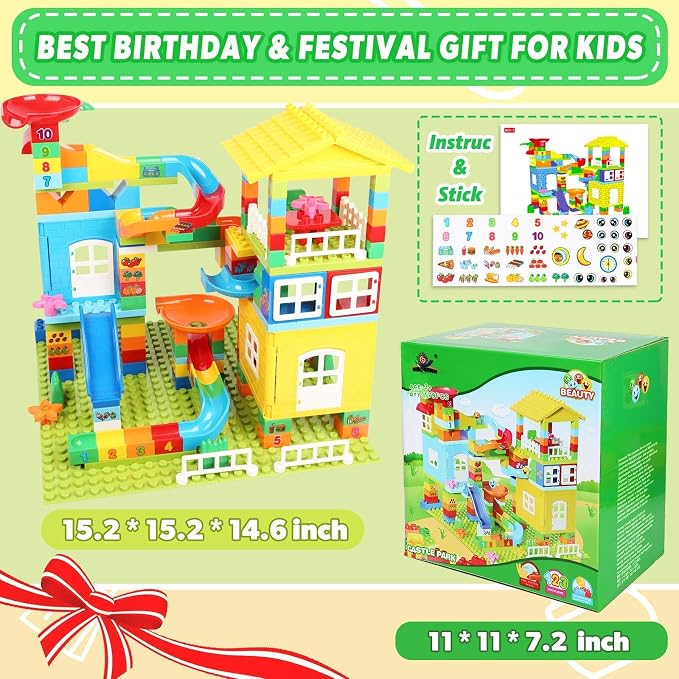 Marble Run Building Blocks with 6 Balls, 179 Pcs Big Castle Building Toy Set Compatible Classic Blocks Maze Track, Marble Runs for Kids 4-8, Stem Learning Toddler Toys Gifts for Boys Girls Kids
