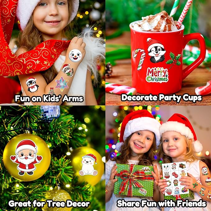 JCFIRE Christmas Temporary Tattoos for Kids Stocking Stuffers, Waterproof Tattoo Stickers Christmas Party Favors, Stocking Stuffers for Kids Toddlers Teens Boys Girls, Goodie Bag Stuffers