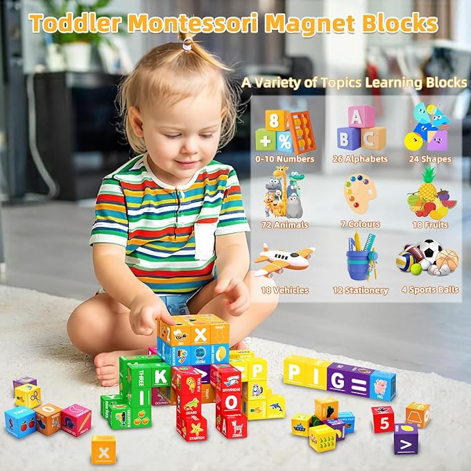 Magnetic Blocks for Toddlers 1-3, 1.4 inch Large Building Blocks Number ABC Learning Toys for 1 2 3 4 5+ Year Old Boys Girls Educational Montessori Toys for Preschool Activities 36PCS STEM Magnet Cube