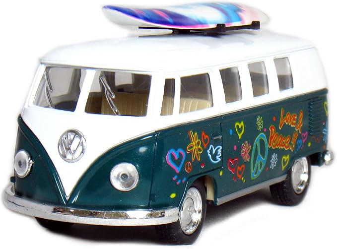 KiNSMART 1962 Volkswagen Classic Bus 1:32 Scale 5" Die Cast Metal Model Toy Van Pullback Acation (4 Set Surfboard Flower Power)