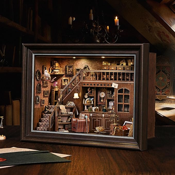Book Nook Kit-3D Wooden Puzzle with LED Touch Control & Wall-Mountable Frame,DIY Miniature House for Beginners,Bookshelf/Tabletop/Wall Decor for Craft Lovers,Dollhouse Gift,Secret Attic