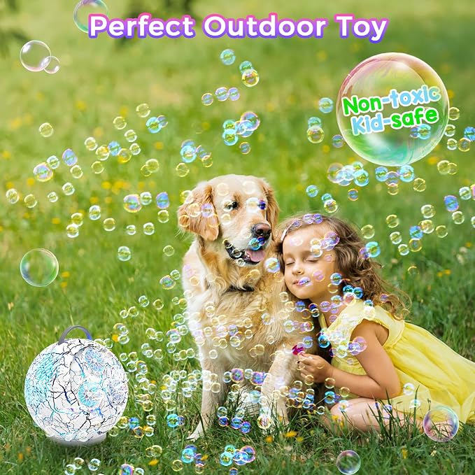 Bubble Machine Automatic Bubble Blower for Kids Toddlers Spherical LED Bubble Maker Electric Auto Rotating 45°/360° Outdoor Toy for Easter and Birthday Gift Party Wedding