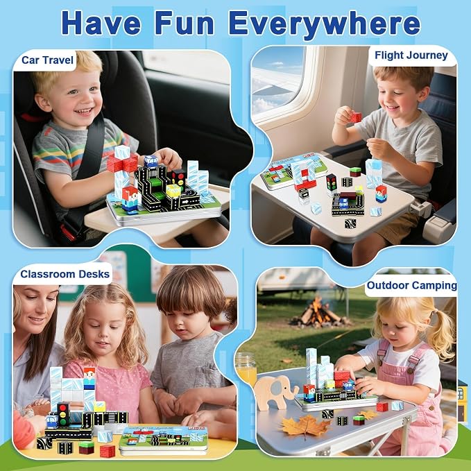 QOUBAI 45PCS Mini Magnetic Blocks Travel Toys, Magnet Building Cubes Tiles Set with Portable Iron Case, Learning Activities Gifts for Kids Toddlers Boys & Girls Ages 3-8 (Traffic Road)