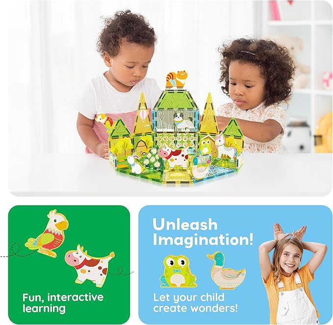 PicassoTiles Magnetic Tiles Magnet Tile Building Blocks Printed Fall Farm Themed Animal Toy Set with 8 Farmyard Animals Character Action Figures STEM Learning Playset for Kids, Ages 3+ PTQ27