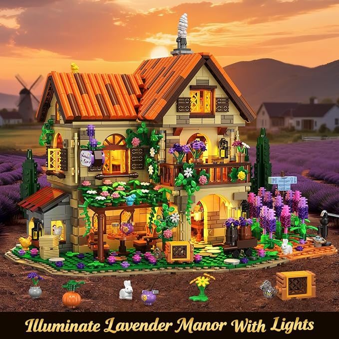 INSOON Lavender Cottage House Building Set with Lights, 1960 PCS Cozy Lavender Flower Garden Home Decor, Romantic Manor Construction Collection Building Kit, Gift for Adults Teens Boys Girls 12+