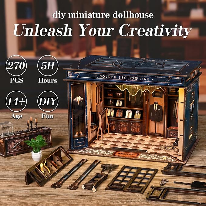 fifijoy DIY Miniature Dollhouse Kit - 3D Wooden Puzzle Book Nook Kit with LED Light, Miniature House Bookshelf Insert Decor for Adults, Creative Gift for Family and Friends (Golden Section Line)