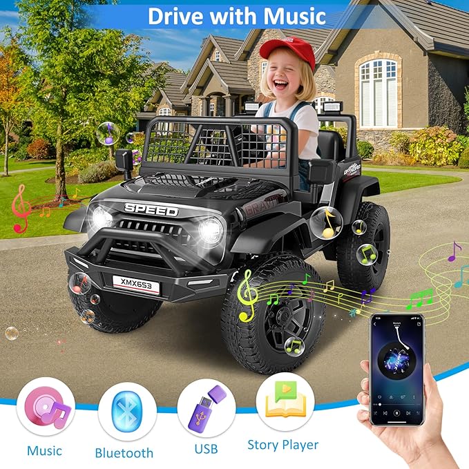 Hikole 24V Kids Ride on Car with Parent Remote Control, Electric Truck Car Toys for Toddler Boys Girls Ages 3-8, Spring Suspension, Safety Belt, Music Player, 3 Gear Shift, LED Light, Black
