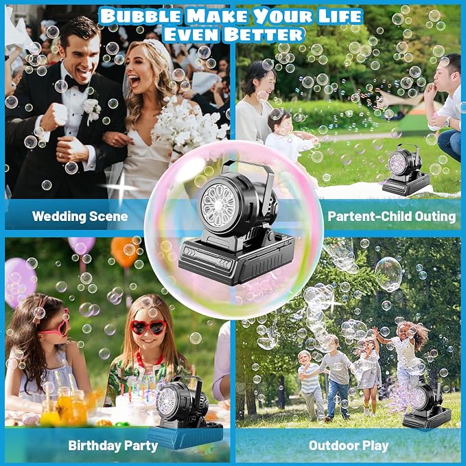 SHCKE Automatic Bubble Machine 10 Holes Bubble Blower,45° Adjustable | USB-C/AA Dual Power,Top-Fill No-Leak Design,Portable for Parties, Pool,Camping & Weddings,Ideal for Kids & Adults