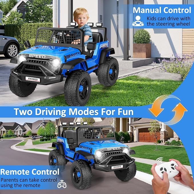 Hikole 12V Electric Car for Kids Ages 3-5 w/Parent Remote, Battery Powered Truck Toys for Toddler Boys Girls, Spring Suspension, Safety Belt, Music Player, 3 Speeds, Bright LED Light, Blue