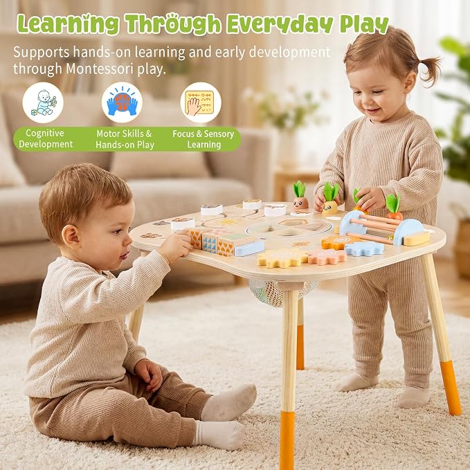 Wooden Montessori Activity Table for Toddlers 6-36 Months | 6-in-1 Montessori Baby Activity Center with Shape Sorter, Sensory Learning Toys for Boys & Girls, 1st Birthday Gifts