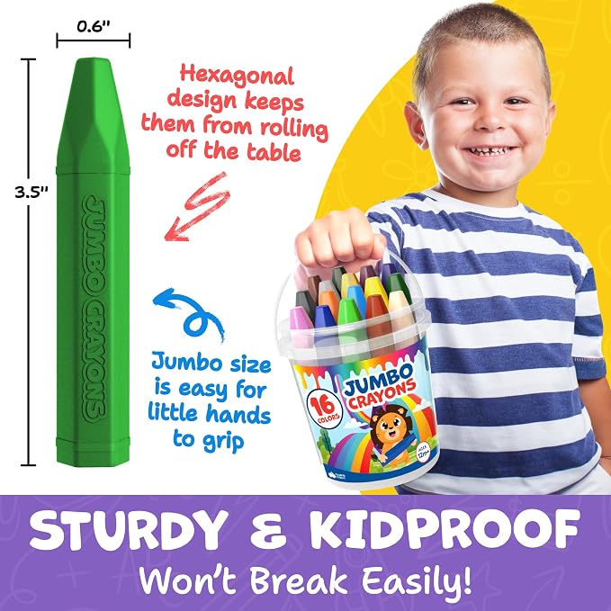 Jumbo Crayons For Toddlers 1-3 - 16pc Toddler Crayons For Kids Ages 4-8 1-3 2-4 - With Printed & PDF Crayon Color Sheets - Non Toxic, Washable, Large & Easy To Grip - Toddler Coloring Art Supplies