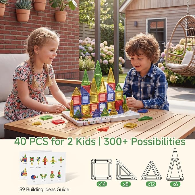 Mini Magnetic Tiles for Kids Travel: 40 PCS Cartoon Tin Box Magnet Building Blocks to Stop Crying - 60 Mins Quiet Play 30s Cleanup - Birthday Gift Boys Girls Age 3-8