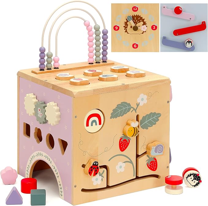 Pillowhale Wooden Activity Cube, Baby Montessori Toys for 1 Year Old | 8 in 1 Activity Center with Bead Maze, Shape Sorter, Sliding Tracks & Clock, Educational Learning Toys, 19.5"X11.6"X11.6"