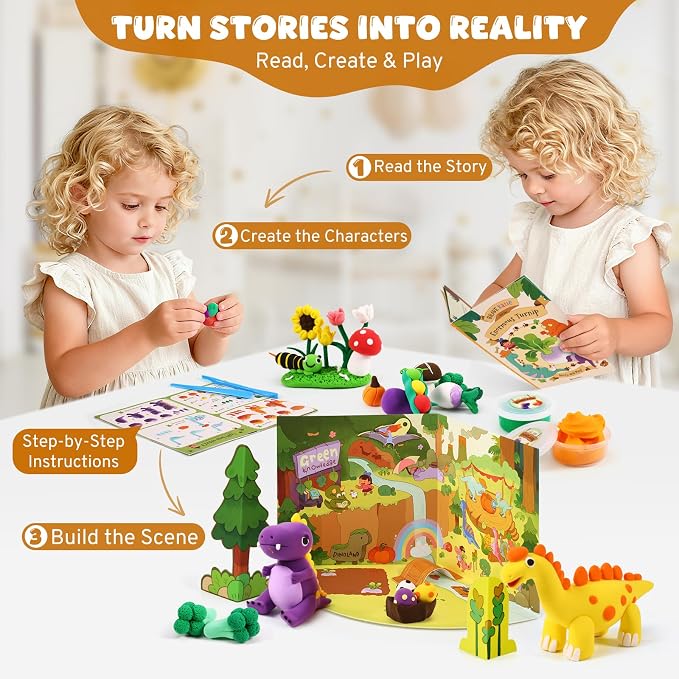 Air Dry Clay Kit for Kids, Modeling Magic Clays, 18 Colors with Storybook, DIY Tutorials, Tools & Scene Cards – Soft, Non-Sticky & Light, Clay Craft Gift for Boys & Girls Ages 3+ (Dinosaur)
