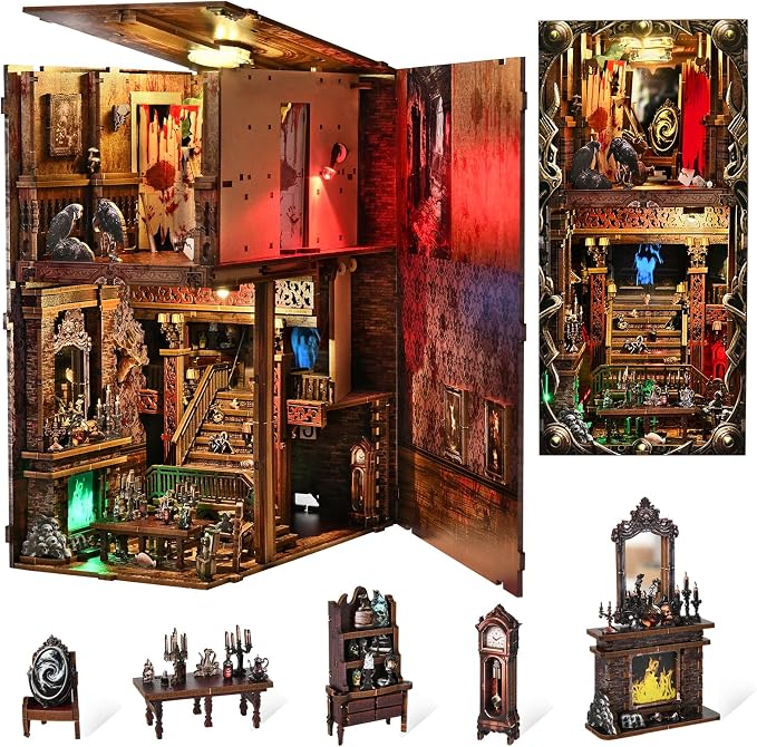 Creepy Book Nook Kit, DIY Miniature Dollhouse Halloween 3D Puzzle,Horror Scary 3D Wooden Puzzle Bookend Bookshelf Insert Decor with LED Light,Bloody Hotel