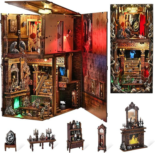 Creepy Book Nook Kit, DIY Miniature Dollhouse Halloween 3D Puzzle,Horror Scary 3D Wooden Puzzle Bookend Bookshelf Insert Decor with LED Light,Bloody Hotel