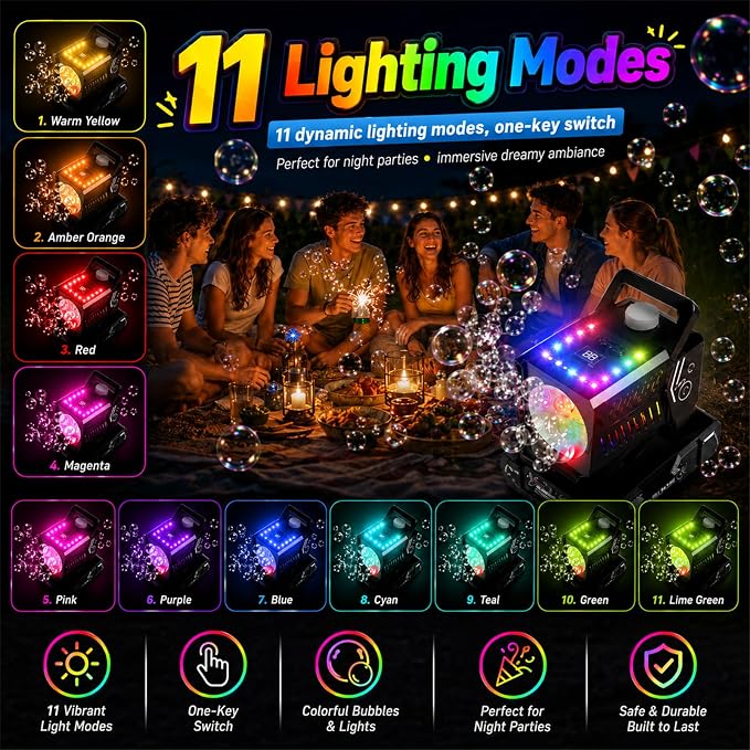 Bubble Machine Remote Control,Auto Rotation & 11 RGB Lights | 1800mAh Rechargeable Battery/USB-C Charging,Top-Fill Portable Bubble Maker for Kids Birthday Party Wedding Pool Outdoor