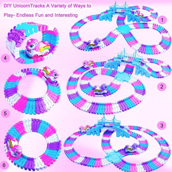 Tracks Car Toys Set for 2 3 4 5 6 7 Year Girl Toddler, 248 PCS Pink Magic Bendable Race Track Toy with 1Unicorn Car Toy and 1 Pink Train, Birthday Gift Idea for Kid