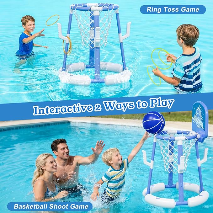 2 in 1 Pool Basketball Hoop with Backboard & Ring Toss Game,Floating Pool Toys with 4 Balls 8 Rings&Pump Summer Water Basketball Indoor Outdoor Toy Gifts Family Party for Kids Age 3-5 4-8 8-12& Adult