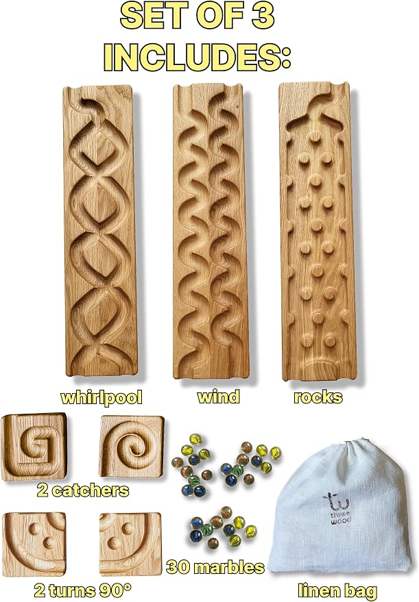 Wooden Marble Run Track Montessori STEM Toy for Kids Race Machine & Maze Board Educational Wooden Roller Track Game Set of 3 Run Gift for Children