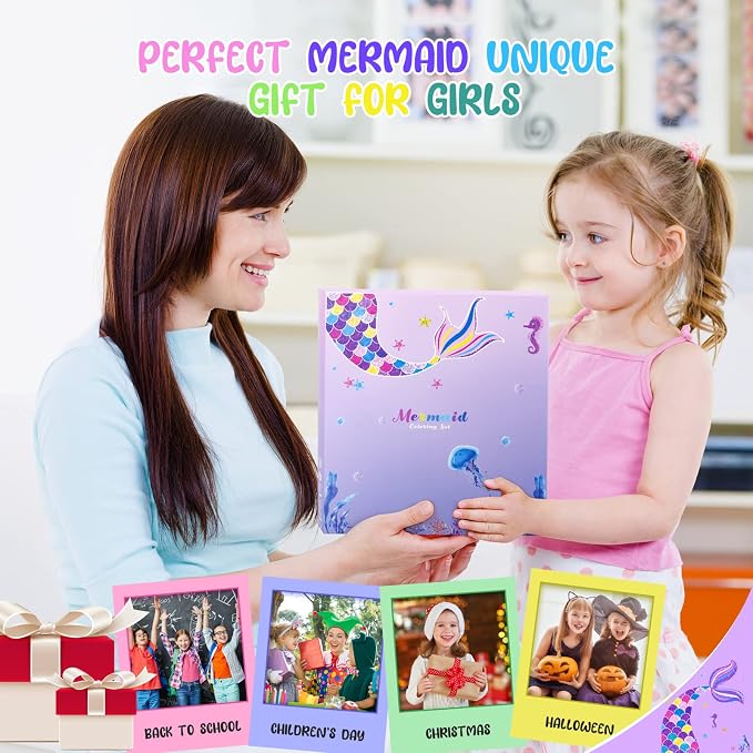 MAIGOZON Mermaid Gifts for Girls - 56 PCS Scented Markers Art Supplies Set for Kids Ages 4-8, Coloring Drawing Kit with Glitter Mermaid Case & Quick-Dry Gel Pens, Birthday Christmas Gift