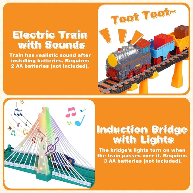 Electric Train Set for Kids Ages 5-8, 2 in 1 DIY Tracks Toy Dual-Layer Tracks with Light-Up Bridge & Realistic Sounds 100+ Piece STEM Building Toy for Boys Birthday Gifts 3 4 5 6 7 8+