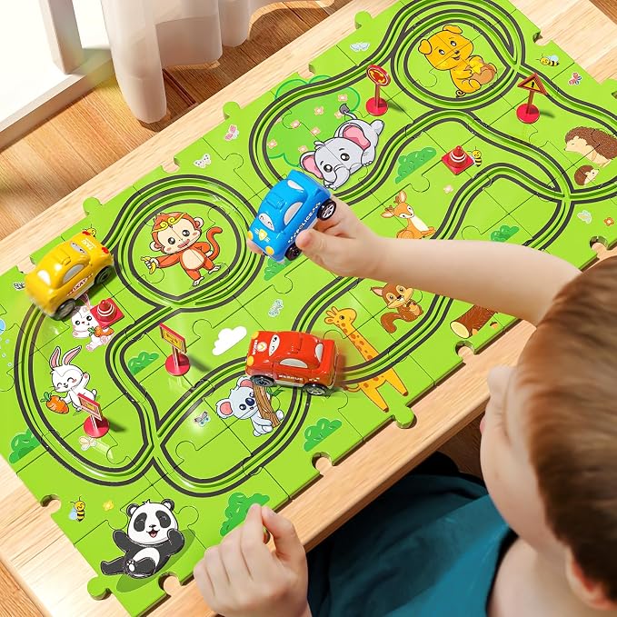 JUKUDAHU 64 Pieces Puzzle Race Track Car Set Toys for 3 4 5 6 Year Old Boys - Puzzle Tracks Car Toys for Kids Ages 3-5 with 3 Sliding Toy Cars, Animals-Themed, Birthday Gifts for Toddlers 1-3 2-4 4-6