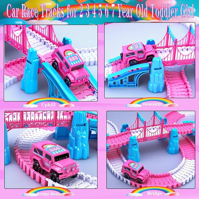 Race Tracks for Kids Ages 4-8, 203 PCS Pink Magic Tracks Electric Toys, Flexible Car Track Set Girls Toys Birthday Gifts for 2 3 4 5 6 Year Old Girls and Toddlers