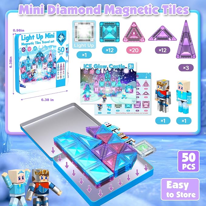 Mini Magnetic Tiles with 2 Little Action People, Light Up Frozen Tiles with Magnetic Action Figures for Princess Castle, Micro Magnet Portable Travel Toys for Kids, STEM Building Gifts for Boys Girls