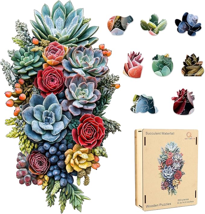 Wooden Puzzles for Adults,Succulent Waterfall Jigsaw Puzzles,500 Pieces,13.3 * 23.5 Inch,Unique Irregular Shape Fun Challenging Family Game Gifts