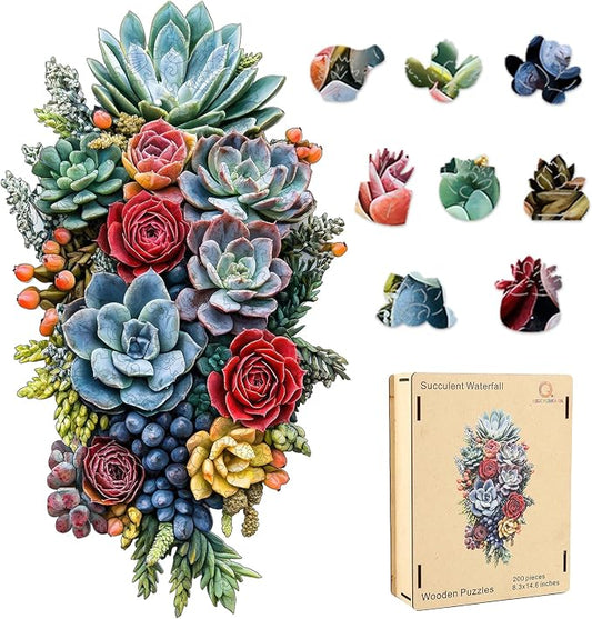 Wooden Puzzles for Adults,Succulent Waterfall Jigsaw Puzzles,500 Pieces,13.3 * 23.5 Inch,Unique Irregular Shape Fun Challenging Family Game Gifts