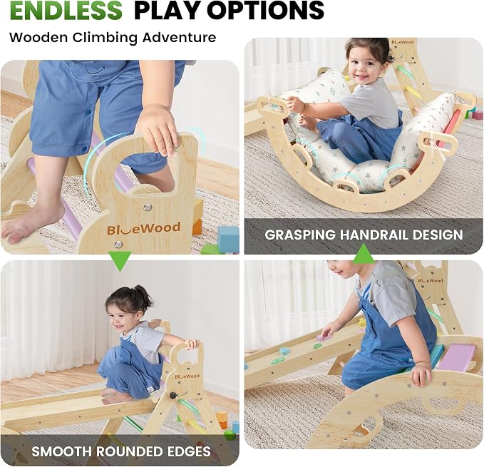 BlueWood Pikler Triangle Set with Cushion - Climbing Toys for Toddlers 9-in-1, Montessori Philosophy Play Jungle Gym with Arch, Ramp, Ladder (Rainbow)