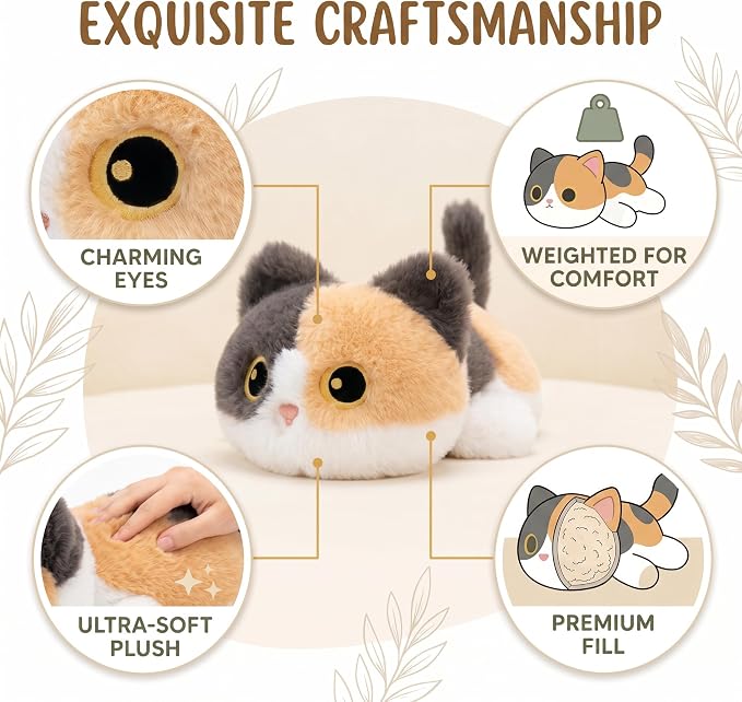 Weighted Cat Stuffed Animal, 12-Inch, 1.2 lbs Calico Cat Plush, Cuddly Soft Plushie Pillow Gift for Kids & Adults