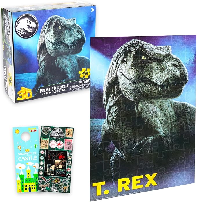Jurassic World 3D Puzzle Set - Bundle with 48 Pc Dinosaur Jigsaw for Boys Plus Stickers, More | Jurassic World Jigsaw 9x12 Puzzle Pack for Kids