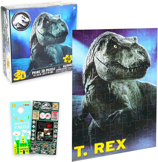 Jurassic World 3D Puzzle Set - Bundle with 48 Pc Dinosaur Jigsaw for Boys Plus Stickers, More | Jurassic World Jigsaw 9x12 Puzzle Pack for Kids